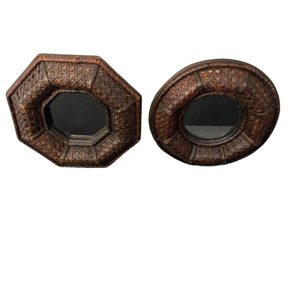 Vintage Rattan Cane Decorative Wall Mirrors Set 2 Boho Coastal British Colonial